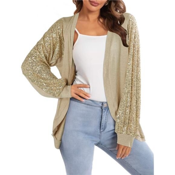 Sequin Cardigans Sparkly, Open Front Outerwear Coat Khaki - Picture 1 of 6